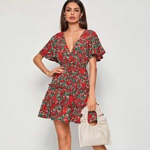 Flutter Sleeve Floral Print Frill Trim Dress